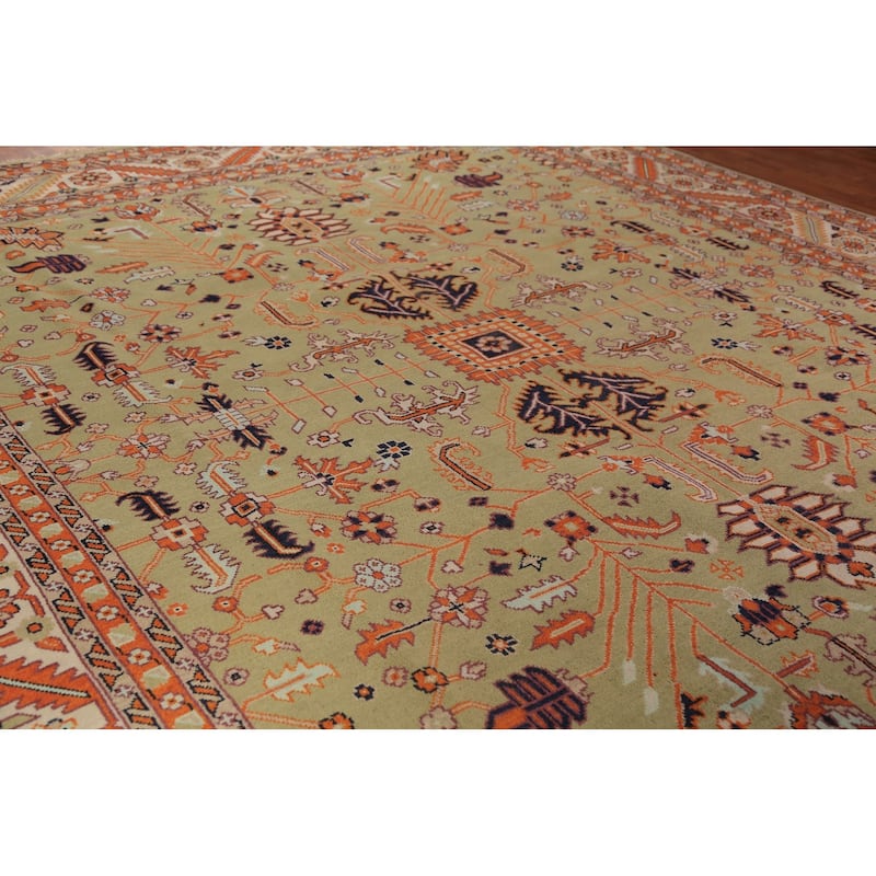 Light Green Heriz Serapi Indian Large Rug Handmade Wool Carpet - 11'11"x 14'6"