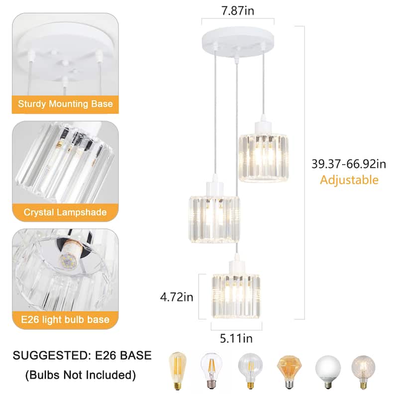 Modern 3-Light Crystal Chandelier, Kitchen Island Pendant Lights, Classic Semi Flush Mount Chandelier for Dining Room