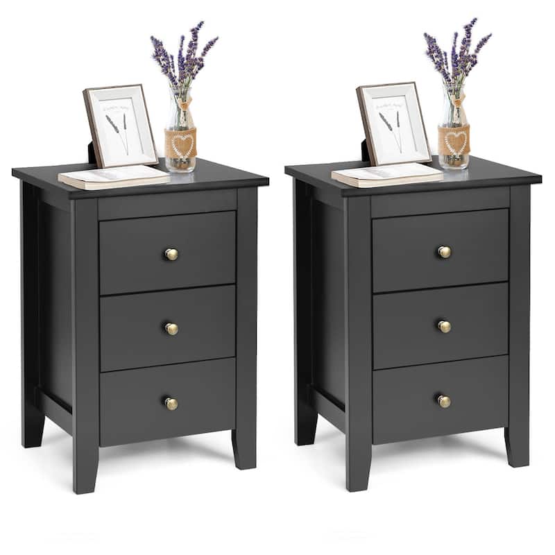 Costway 1PC/2PCS Nightstand End Beside Sofa Table w/ 3 Drawers Bedroom - Black-2 PCS