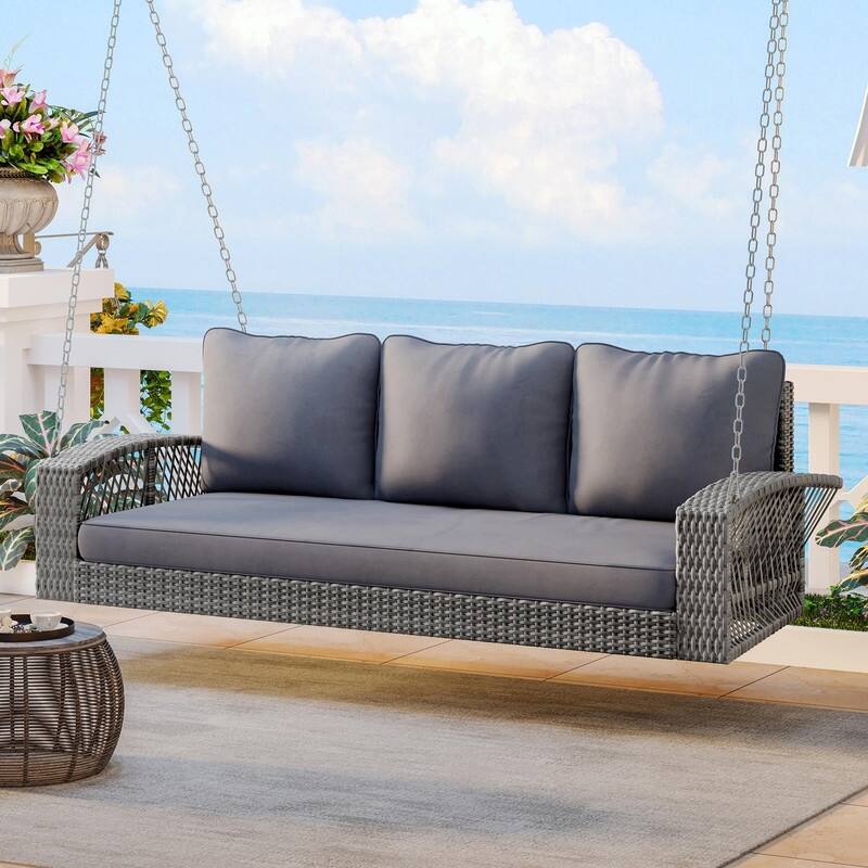 3-Person Wicker Porch Swing with Chains and Cushions for Relaxing in Your Backyard or Garden - Grey