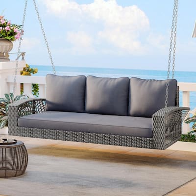 3-Person Wicker Porch Swing with Chains and Cushions for Relaxing in Your Backyard or Garden