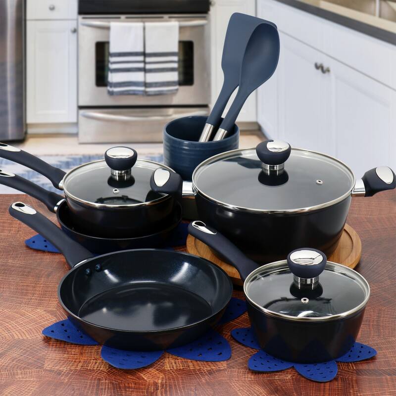 14 Piece Ceramic Nonstick Cookware Set in Dark Blue