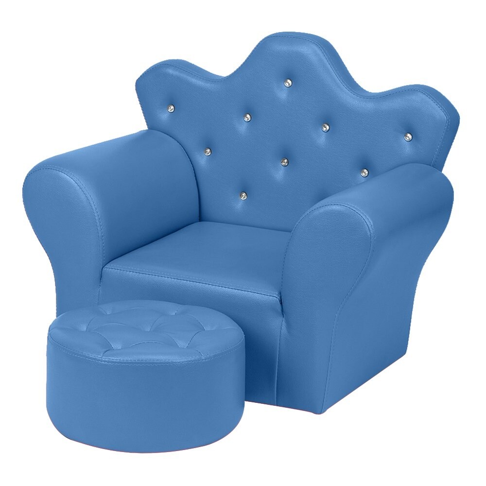 with Footstool Kids Sofa Chair Blue Multifunctional Children Upholstered Couch Sofa Princess Sofa with Embedded Crystal PVC Leather Upholstery