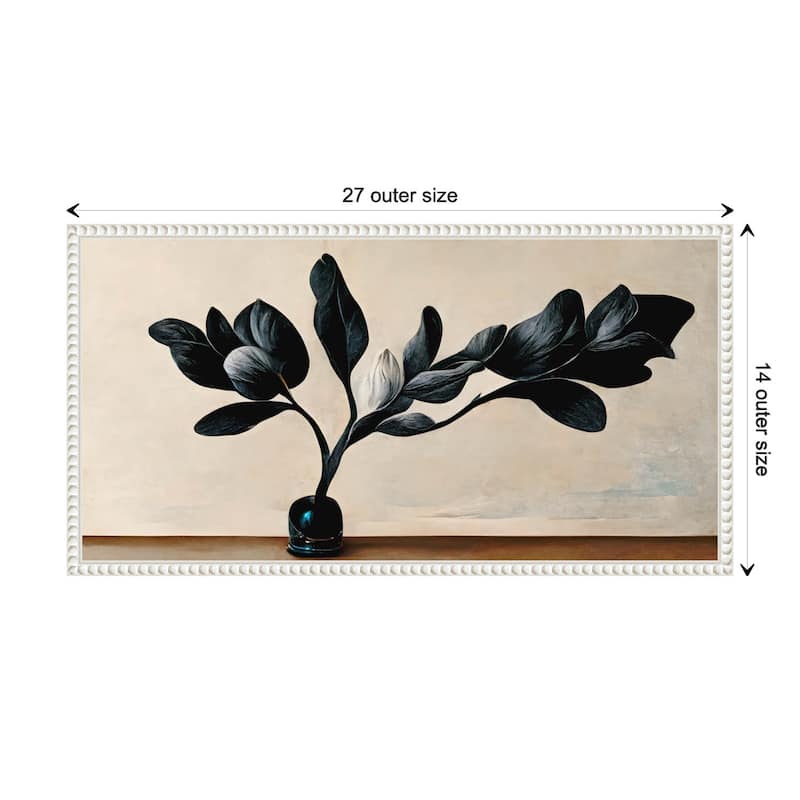 Black Magnolia by Treechild Framed Canvas Wall Art Print - Sylvie Beaded White - 27 x 14 in