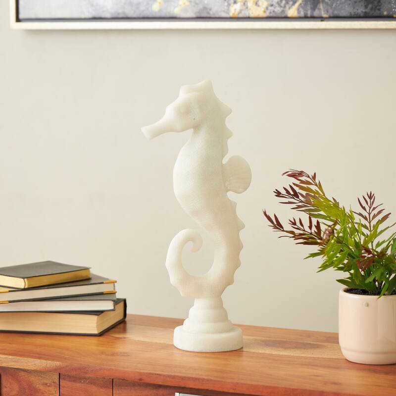 White Polystone Sea Horse Decorative Sculpture with Shimmering Details
