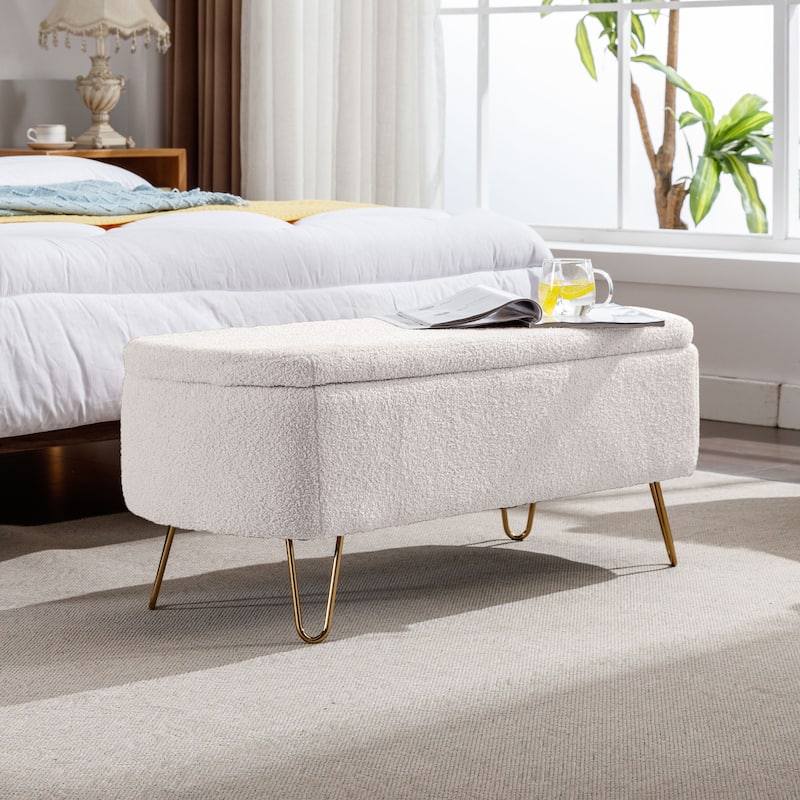 Modern Upholstered Storage Ottoman Bench with Metal Legs - Ivory