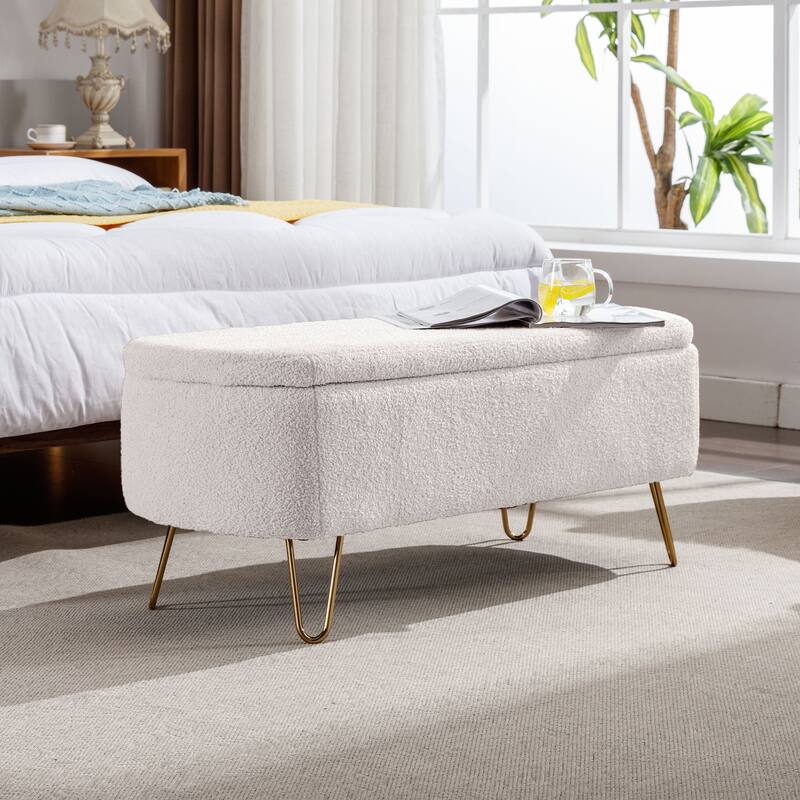 Oval Storage Ottoman Bench with Gold Legs by GDFStudio - 39.37"L x15.75"W x 15.50"H - Ivory