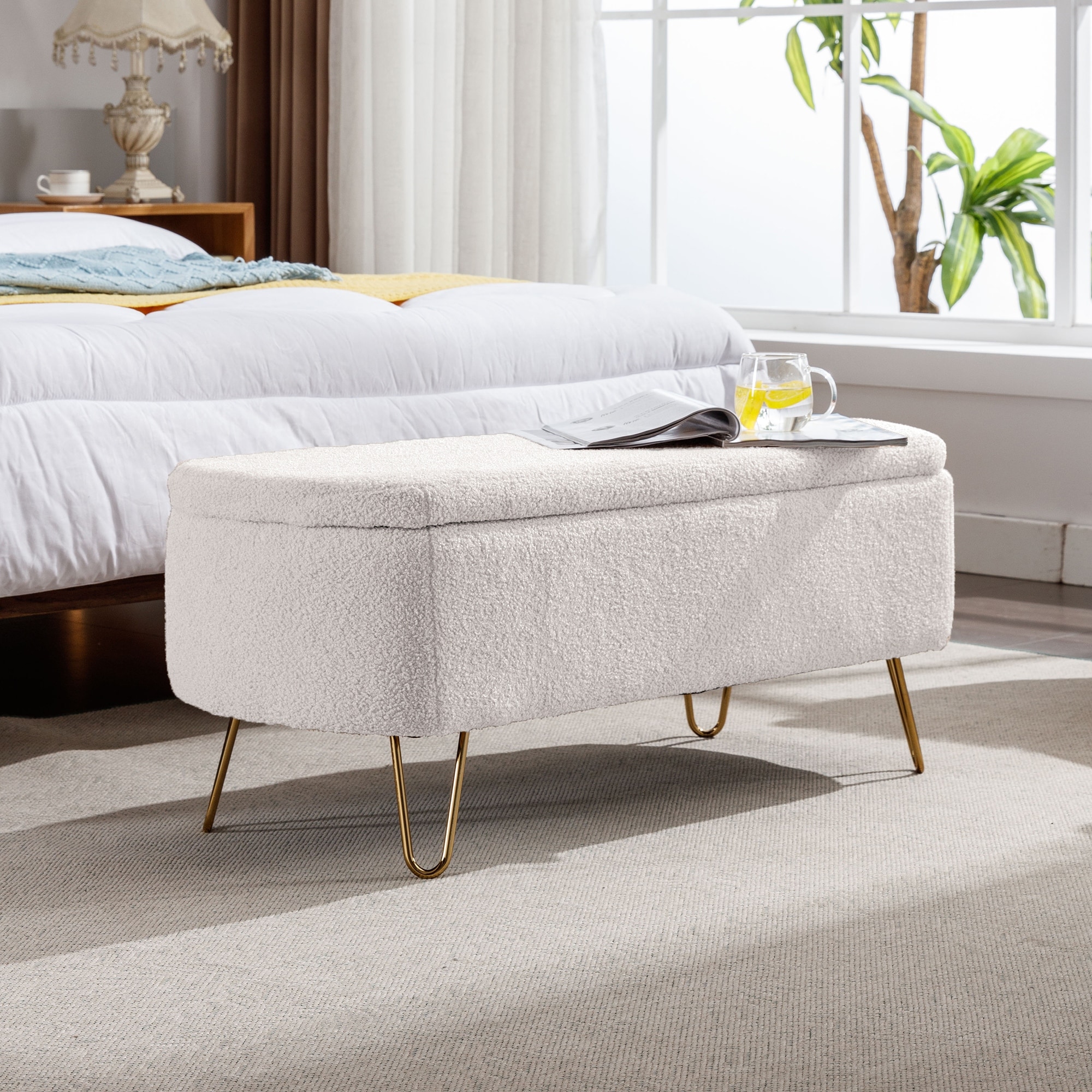 Storage Ottoman Bench for End of Bed Gold Legs, Modern Ivory White Faux Fur Entryway Bench Upholstered Padded with Storage