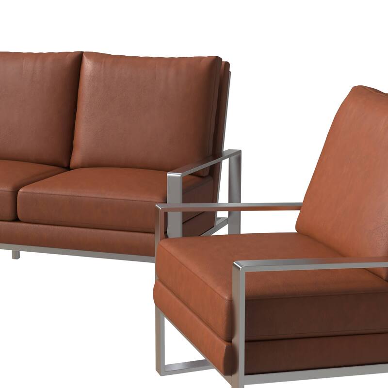 3-Piece Leather Sofa Set Brushed Stainless Steel Base and Removable Cushions