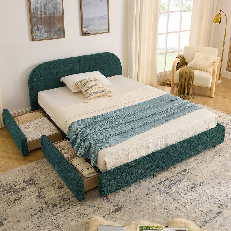 Stylish Curve-shaped Upholstered Platform Bed Frame Modern Minimalist Low Profile Bed with Curved Headboard Optional Storage Bed - Green with Drawers - Queen