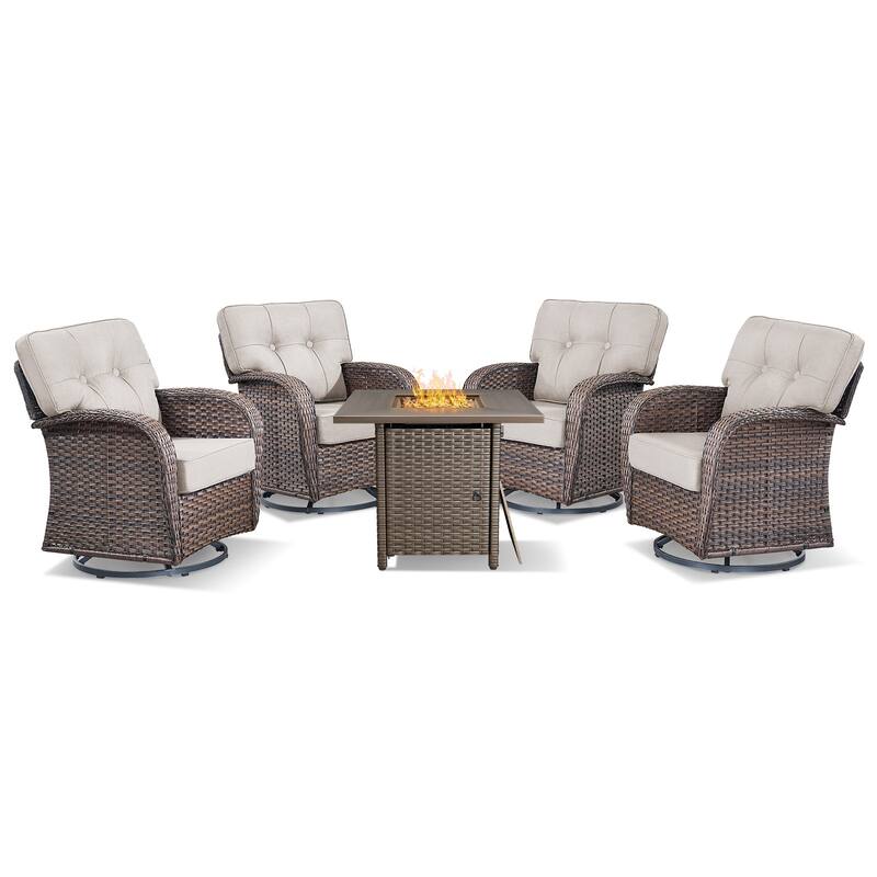 TWrap 5-Piece Wicker Patio Fire Pit Conversation Set with Swivel Gliders and 5-Inch Cushions