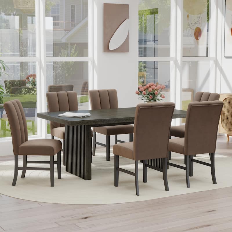 Roundhill Furniture Madison 7-Piece Dining Set, Slat-Fluted Dining Table with 6 Chairs, Chocolate