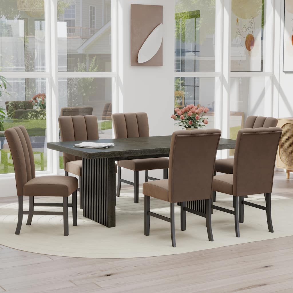 Roundhill Furniture Madison 7-Piece Dining Set, Slat-Fluted Dining Table with 6 Chairs, Chocolate