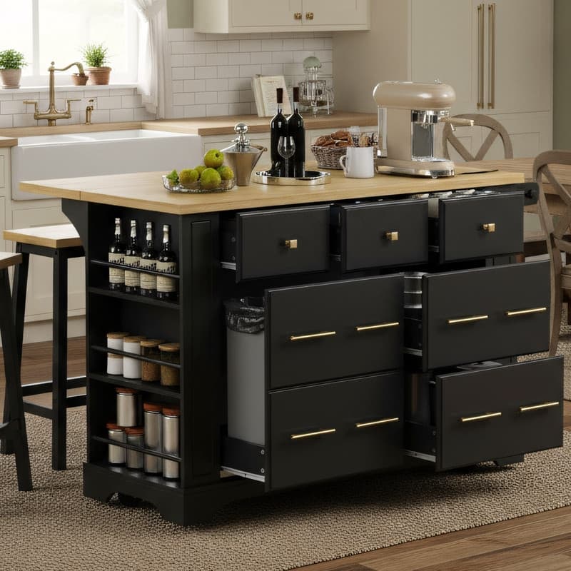 51.2" Rolling Kitchen Island with Drop Leaf, Kitchen Island with 6 Drawers, Pull Out Trash Can Storage and Power Outlet