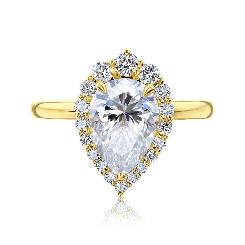 Kobelli August Collection 2.4 Carat Moissanite & Lab Grown Diamond 14k Solid Gold Pear Rococo Halo Plain Band Phoebe Ring - 5.5 - Yellow