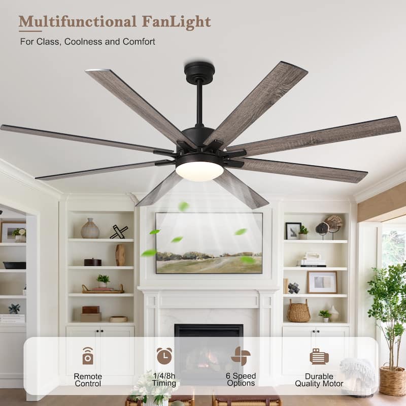 CurveCurio 72" Large Farmhouse Ceiling Fan w/ Solid Wood Blades and LED Light Kit, Quite DC Motor 6 Speed w/ Remote Control