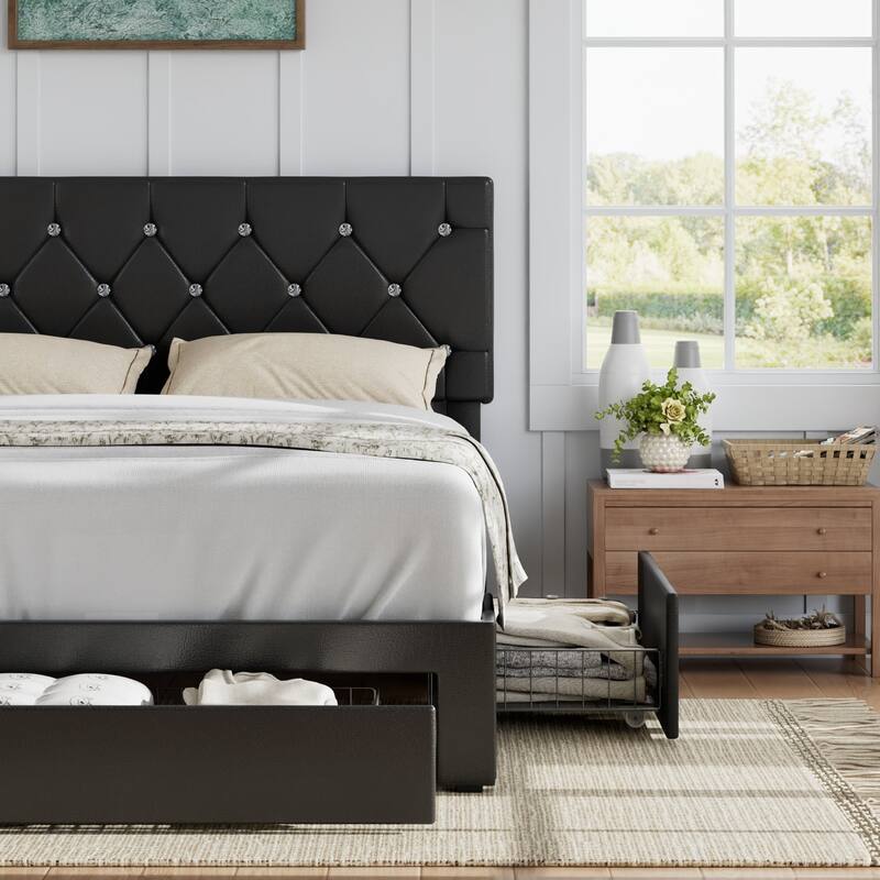 VECELO Bed Frame with Storage Drawers, Leather Upholstered with Diamond Tufted Headboard, Solid Wood Slat Support