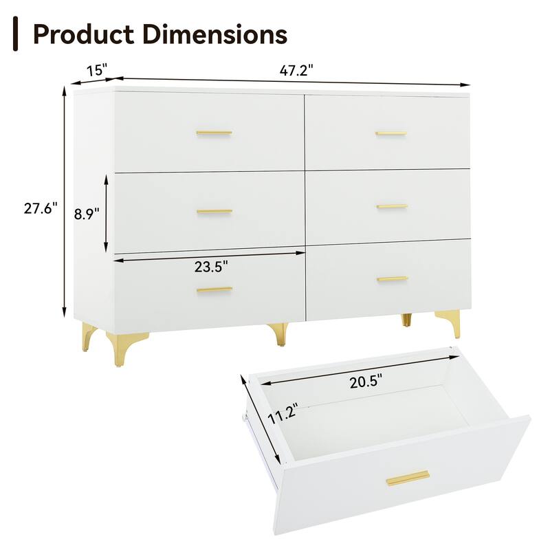 White Modern 6-Drawer Dresser with Gold Handles and Triangle Legs, Minimalist Storage Cabinet for Bedroom or Living Room