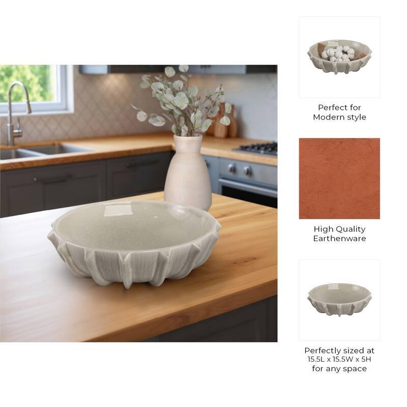 Pottery Earthenware Decorative Bowl with Sculpted Rim - 16" Taupe - 15.5" x 15.5" x 5"