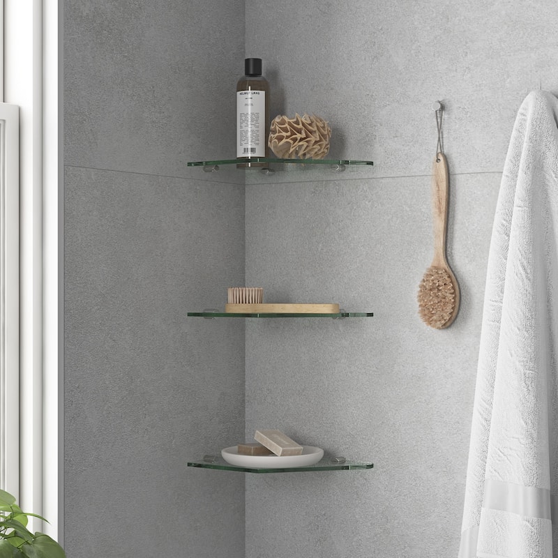OVE Decors Bella 3-Pack Tempered Glass Corner Shelves with Stainless Steel Wall Mounted Satin Nickel Finish for Bathroom