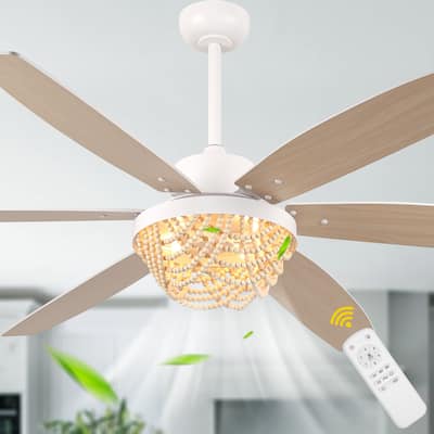 Bella Depot 65" Bohemia Large White Ceiling Fan with Light and Remote 6-Speed Modern Chandelier Fan Wood Bead Shade