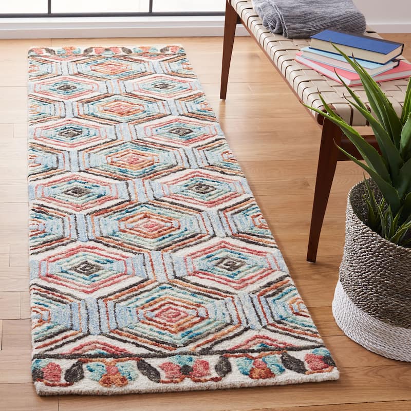 SAFAVIEH Handmade Trace Latoya Geometric Wool Rug - 2'3" x 14' Runner - Ivory/Light Blue