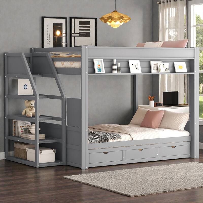 Full Size Convertible Bunk Bed with Storage Staircase, Daybed Pull-Out Design, Bedside Table, and 3 Drawers - Grey - Full