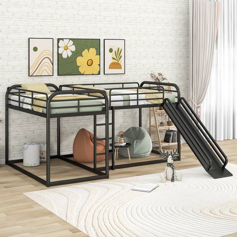 Full and Twin Size L-Shaped Bunk Bed with Slide & Ladder for 4 Kids - Black - Full