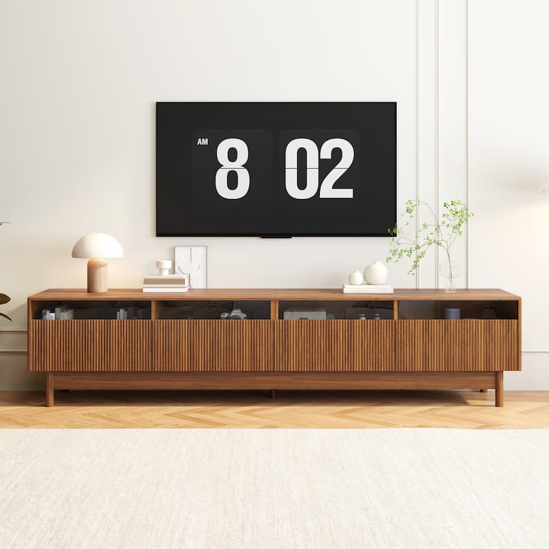 TV Stand for TVs up to 85", Mid Century Modern Entertainment Center with Glass Drawers, Wood TV Console Table