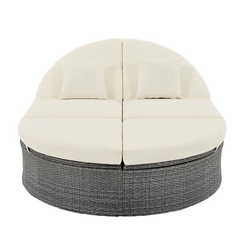 Rattan Patio Daybed with Cushions, Reclining Chaise Lounge, Foldable Trays