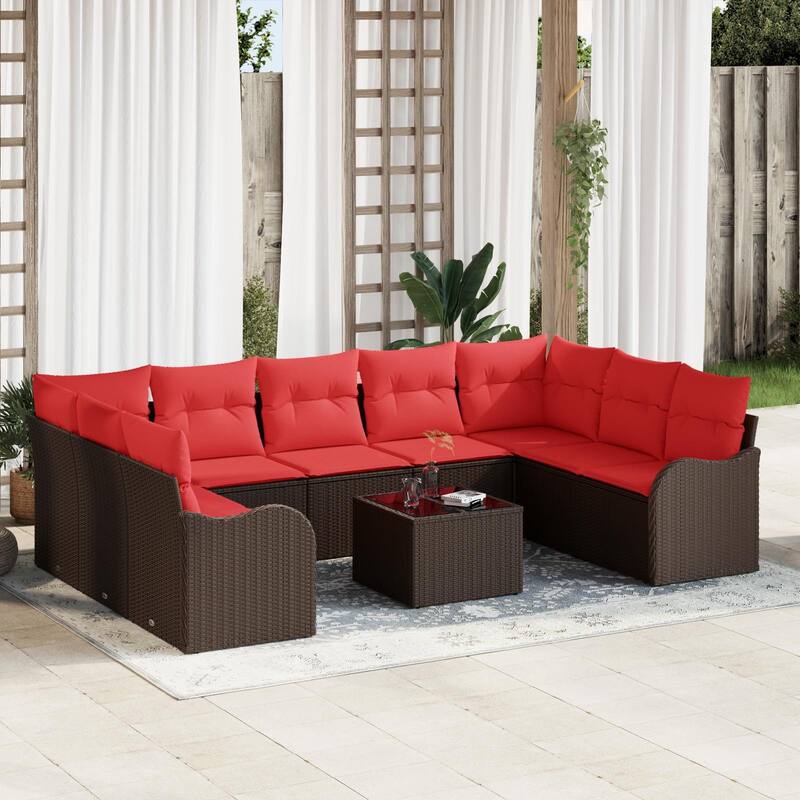 vidaXL 9/10 Garden Sofa Set with Cushions Black/Brown/Grey Poly Rattan - 113.8 x 69.9 x 27.2 - Brown with table
