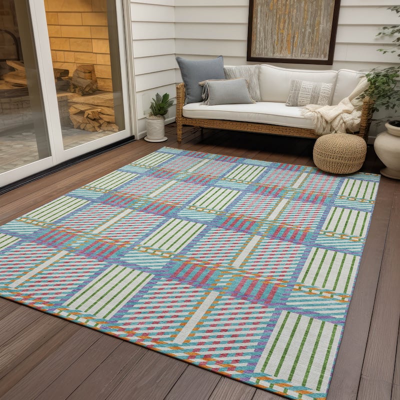 Machine Washable Indoor/ Outdoor Geometric Stripe Chantille Rug - White - 10' x 14'