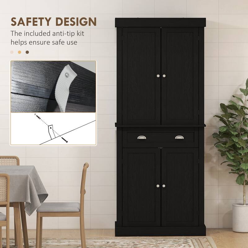 Black Wood Grain Storage Cabinet with Drawer and Adjustable Shelves Ideal for Kitchen or Bathroom - 30" W x 16" D x 72.5" H
