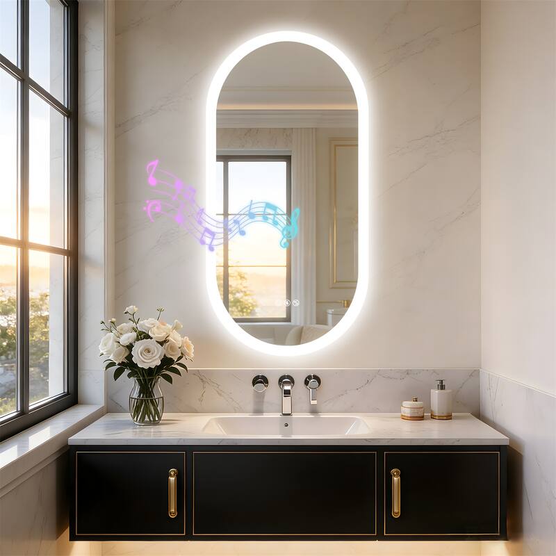 Oblong Bluetooth Led Lighted Bathroom Makeup Mirror Tempered Glass Backlit Vanity Mirror