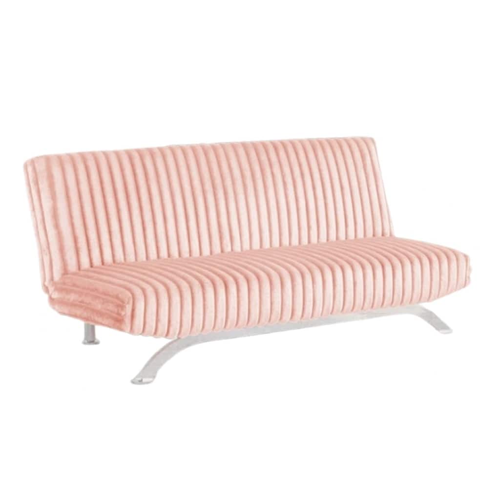 Villy Futon Sofa Bed, Chrome Metal Legs, Pink Channel Tufted Fabric