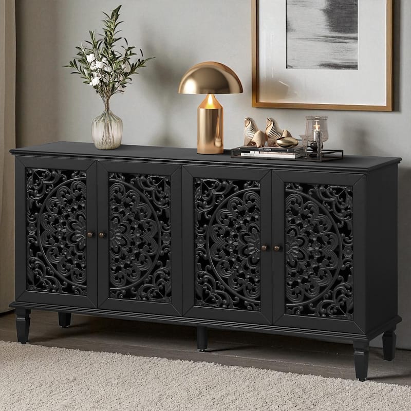 60" Antique Buffet Cabinet with Floral Carvings, Solid Wood Legs, Brass Handles, Adjustable Shelves, Sideboard or TV Stand