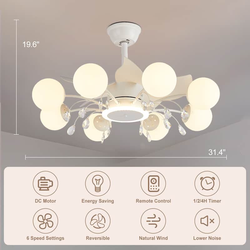 31in. Indoor Gold Modern Ceiling Fan with Light, Reversible Fandelier with Light Bulbs and Remote for Living Room