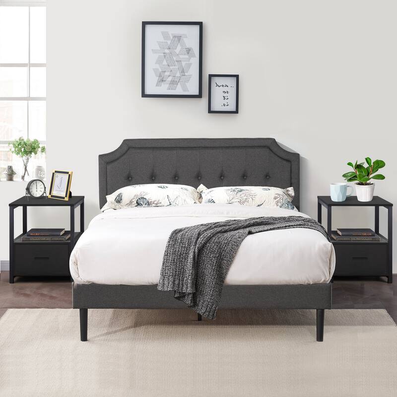 VECELO 3-Pieces Modern Upholstered Bed with Height Adjustable Headboard and Nightstands Sets