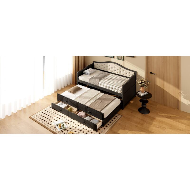 Wooden Frame Day Bed, Twin Size Daybed with Trundle Bed, Upholstered Tufted Button Backrest Sofa Bed with 2 Storage Drawers