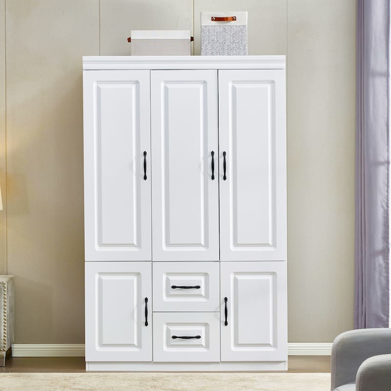 4 Door Armoire Wardrobe Closet with Drawer and Hanging Rod, Wooden Black Bedroom Armoire Closet, 70.87" H x 61.42" W x 20.47" D - White-C7