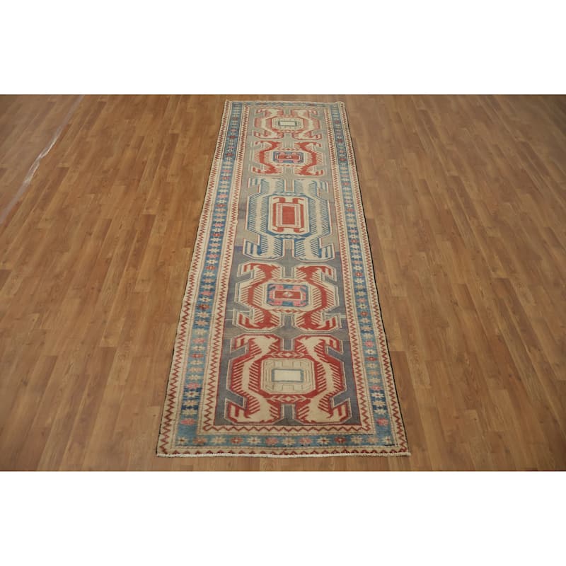Hand Knotted Oriental 100% Wool Carpet Traditional Tribal Greys & Charcoal Meshkin Runner Rug - 10' 1'' X 3' 4''