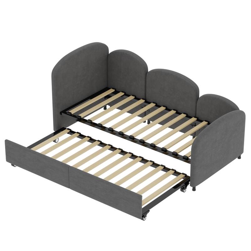 Twin Size Velvet Upholstered Daybed, Platform Bed Frame with Flower Design, Trundle Ideal for Bedroom and Guest Room
