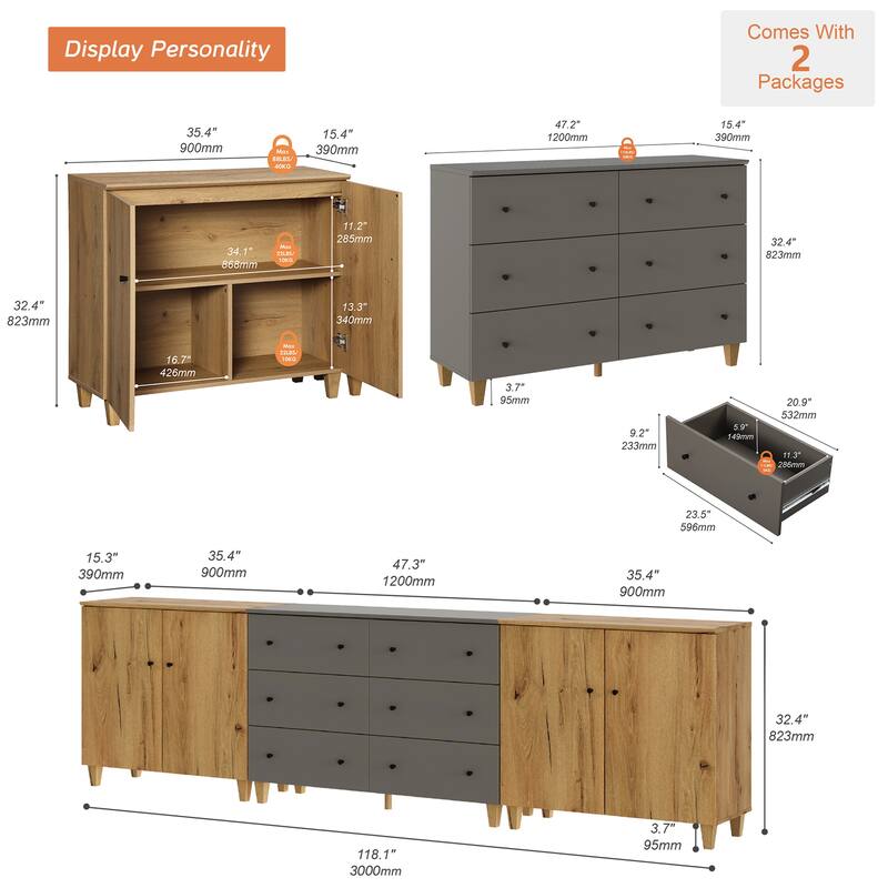 Wood Dresser with 6 Drawers and 2 Cabinets for Bedroom, 118" Wide