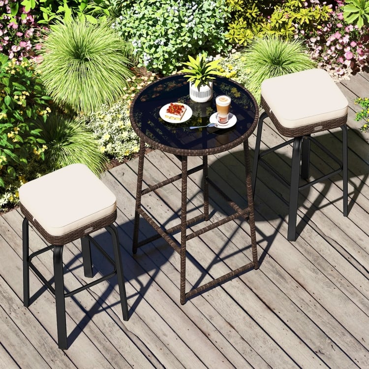 3-Piece Outdoor High Bar Set with Swivel Chairs and Tempered Glass Table Included Cushioned Seats - Table: 25” × 40” (Dia. × H)