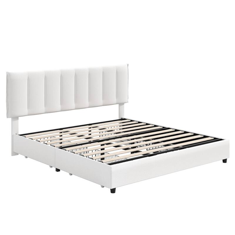 White Bed Frame with 4 Storage Drawers, Upholstered Platform Bed Frame with Adjustable Headboard