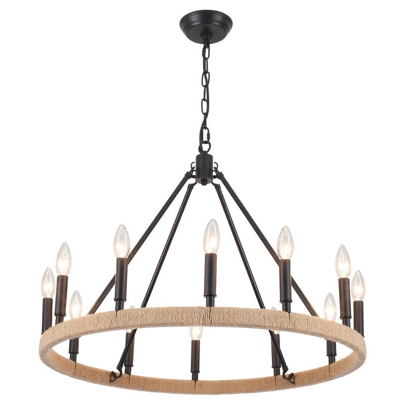 12-Light W26.77" x H78.74" Hemp Rope Wagon Wheel Chandelier for Living Room