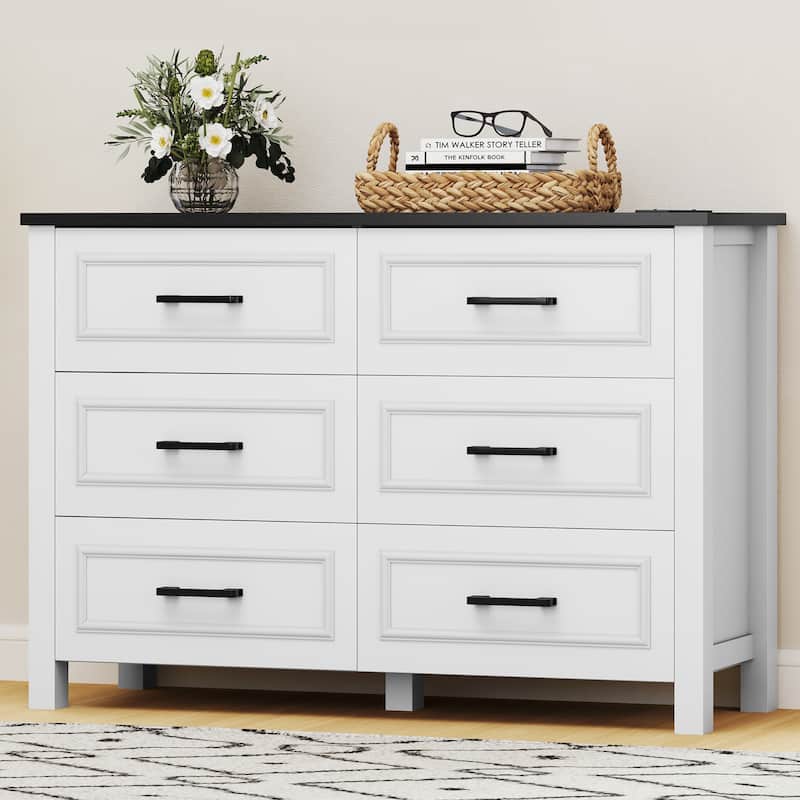 6-drawer Wood White Dresser with Built-in Power Outlet - Black - 6-drawer