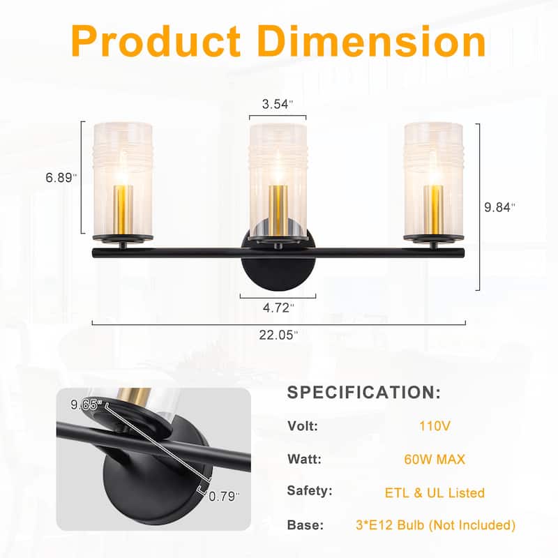 3-Light Industrial Wall Sconce with Clear Cylindrical Glass Shade