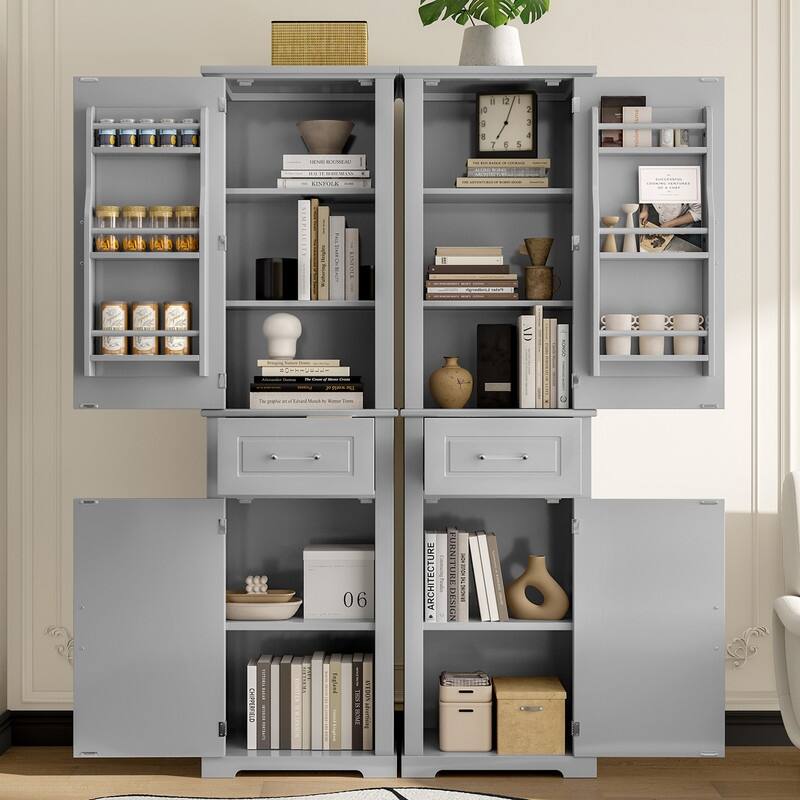 Bathroom Storage Cabinet Set of 2, Freestanding Storage Pantry with Adjustable Shelf & Racks