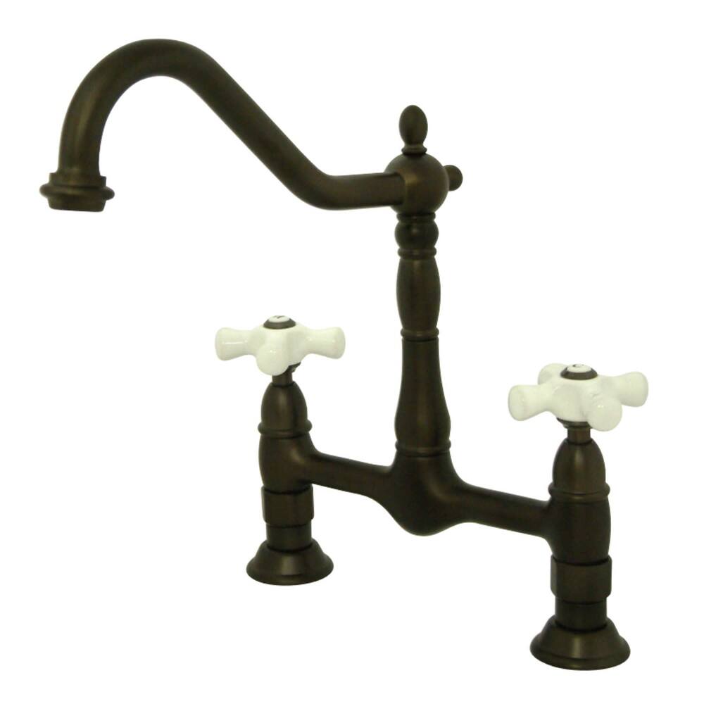 Kingston Brass Heritage Bridge Kitchen Faucet with Porcelain Cross